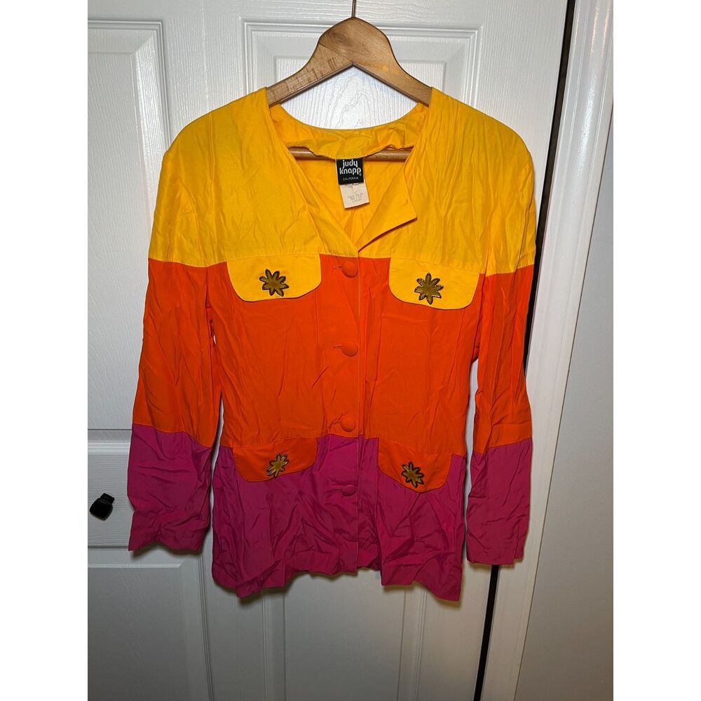 Vintage Judy Knapp Colorblock Jacket Womens Large Yellow Orange Pink Retro